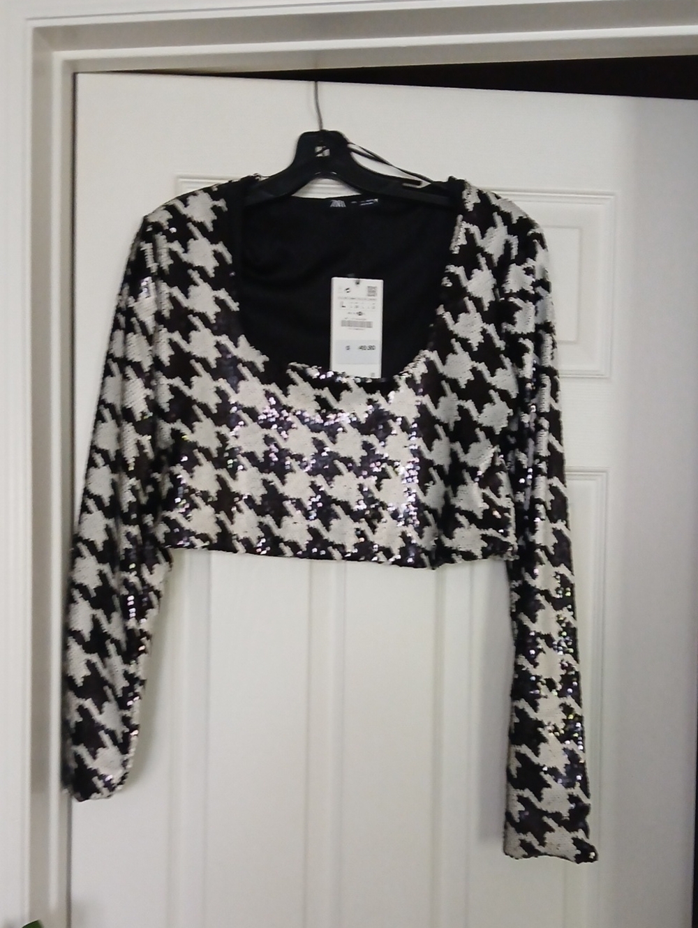 Zara Black & White Houndstooth Sequin Crop Top